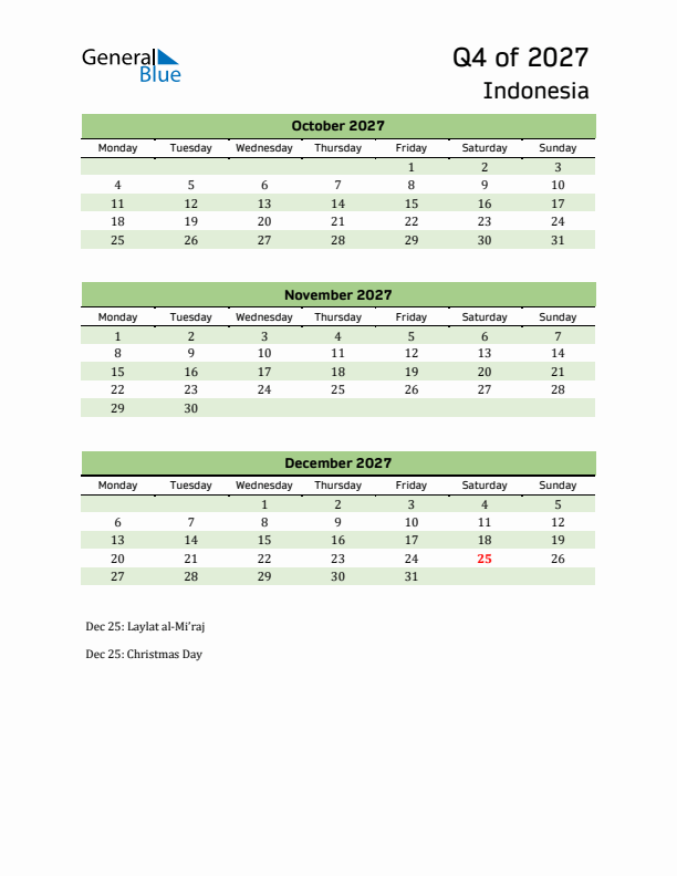 Quarterly Calendar 2027 with Indonesia Holidays