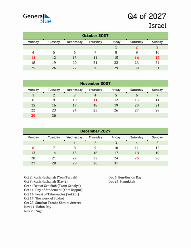 Quarterly Calendar 2027 with Israel Holidays