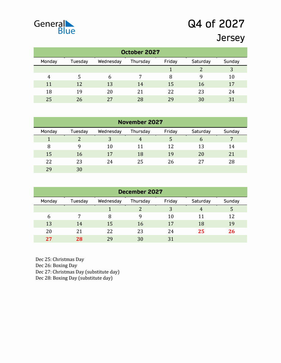 Quarterly Calendar with Jersey Holidays (Q4 of 2027) - Monday Start