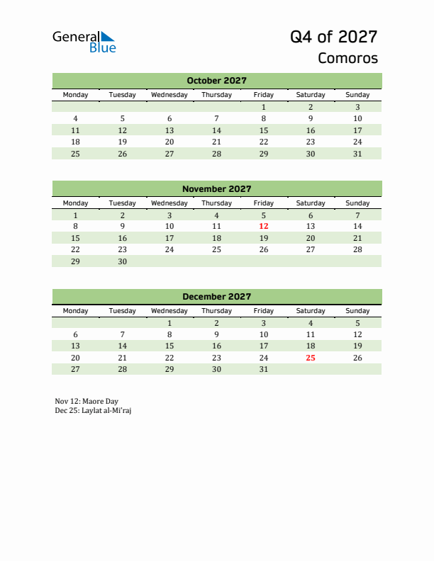 Quarterly Calendar 2027 with Comoros Holidays