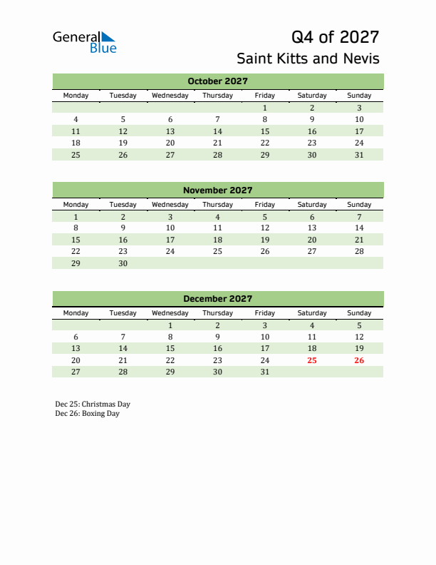 Quarterly Calendar 2027 with Saint Kitts and Nevis Holidays