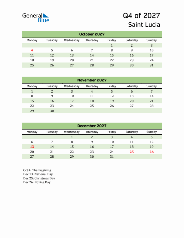 Quarterly Calendar 2027 with Saint Lucia Holidays