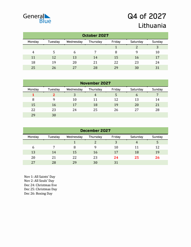 Quarterly Calendar 2027 with Lithuania Holidays