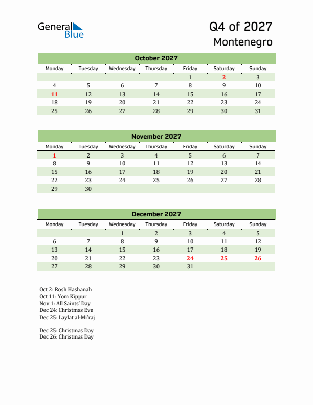 Quarterly Calendar 2027 with Montenegro Holidays