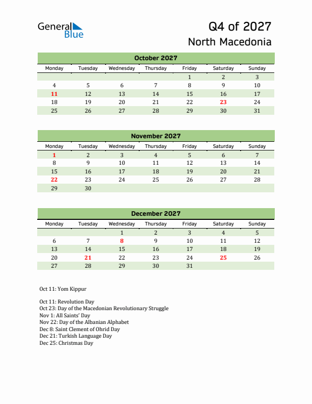 Quarterly Calendar 2027 with North Macedonia Holidays