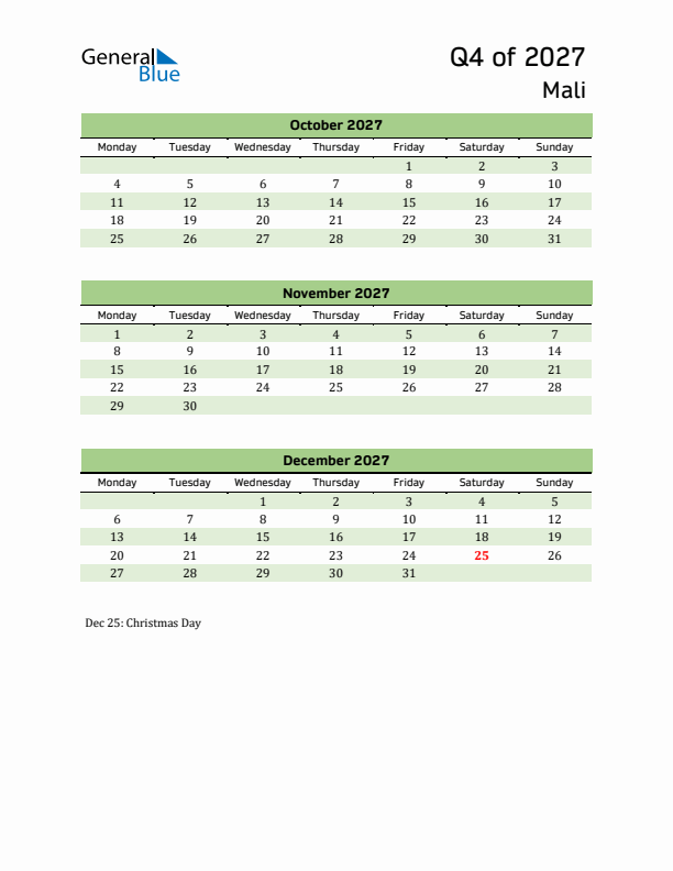 Quarterly Calendar 2027 with Mali Holidays