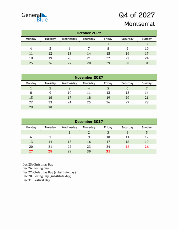 Quarterly Calendar 2027 with Montserrat Holidays