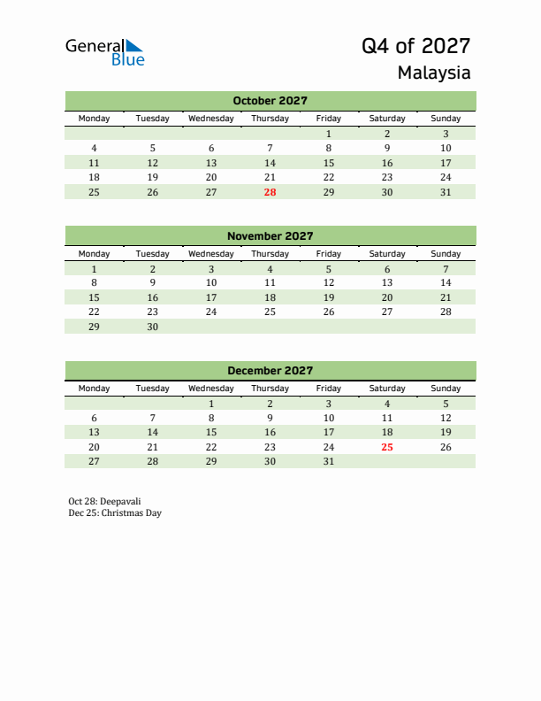 Quarterly Calendar 2027 with Malaysia Holidays