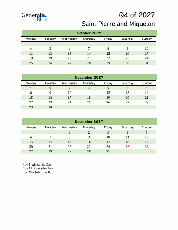 Quarterly Calendar 2027 with Saint Pierre and Miquelon Holidays
