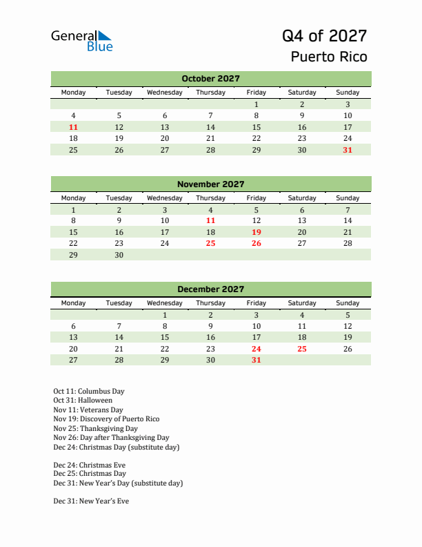 Quarterly Calendar 2027 with Puerto Rico Holidays