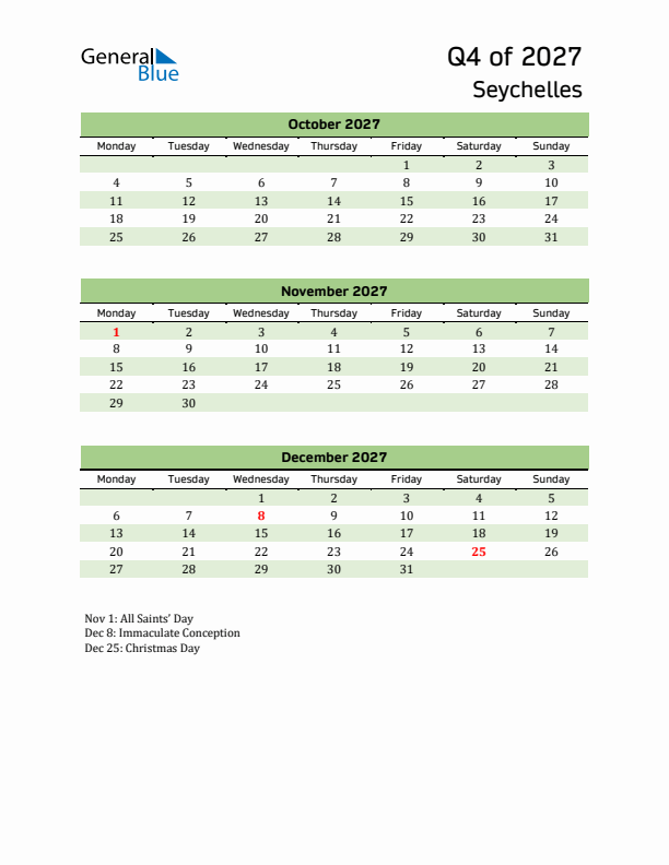 Quarterly Calendar 2027 with Seychelles Holidays