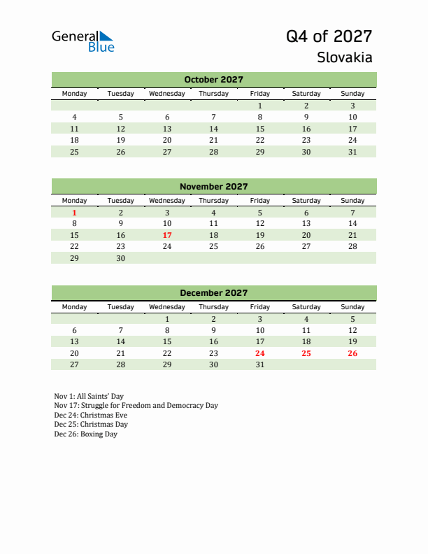 Quarterly Calendar 2027 with Slovakia Holidays