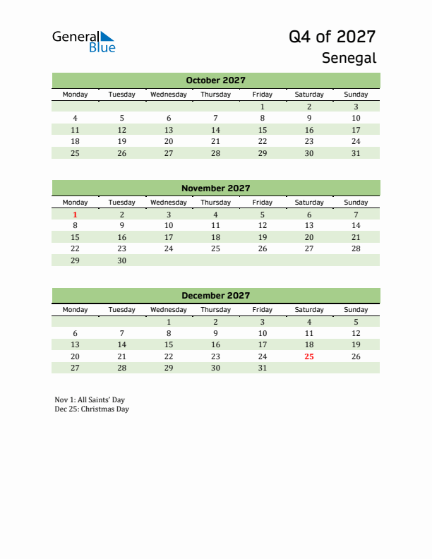 Quarterly Calendar 2027 with Senegal Holidays