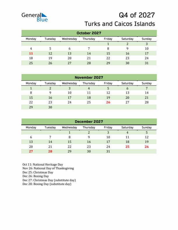 Quarterly Calendar 2027 with Turks and Caicos Islands Holidays
