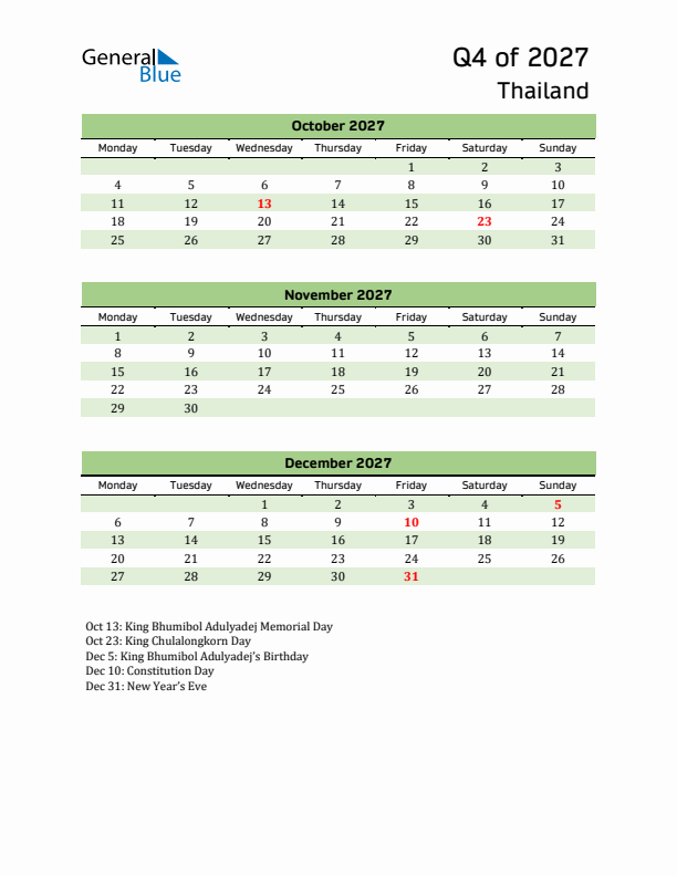 Quarterly Calendar 2027 with Thailand Holidays