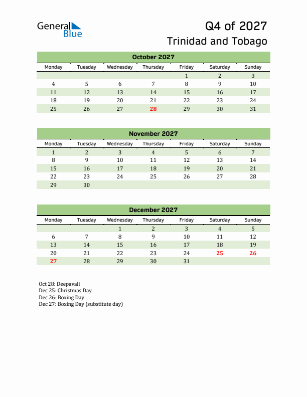 Quarterly Calendar 2027 with Trinidad and Tobago Holidays