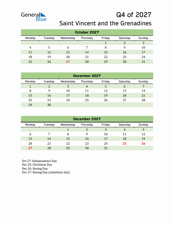 Quarterly Calendar 2027 with Saint Vincent and the Grenadines Holidays