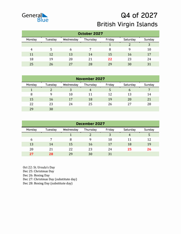Quarterly Calendar 2027 with British Virgin Islands Holidays