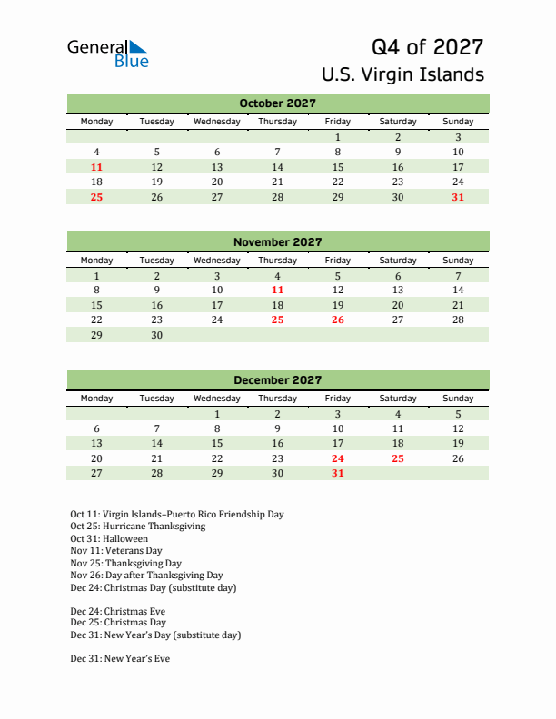 Quarterly Calendar 2027 with U.S. Virgin Islands Holidays