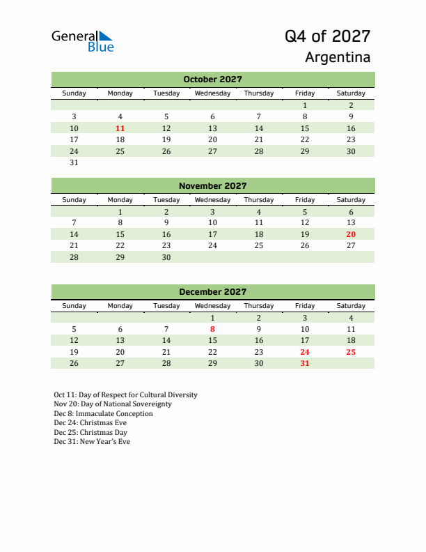 Quarterly Calendar 2027 with Argentina Holidays