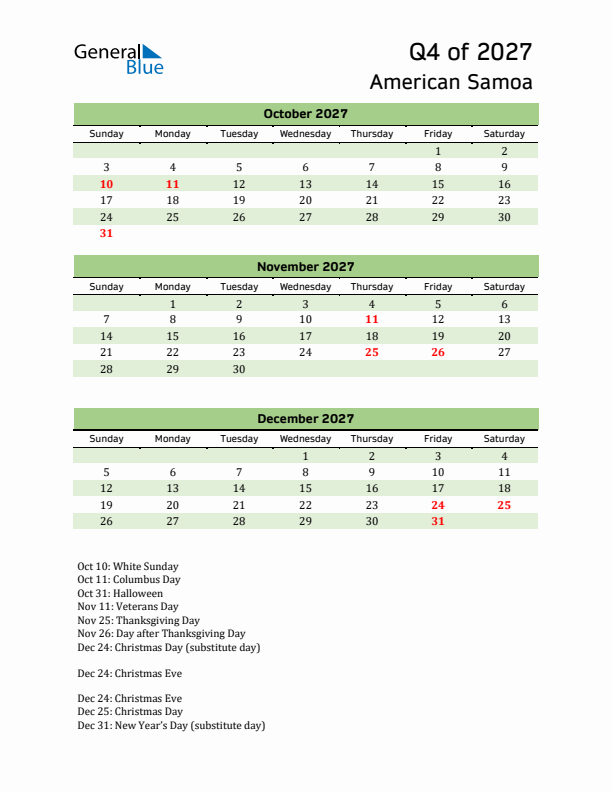 Quarterly Calendar 2027 with American Samoa Holidays