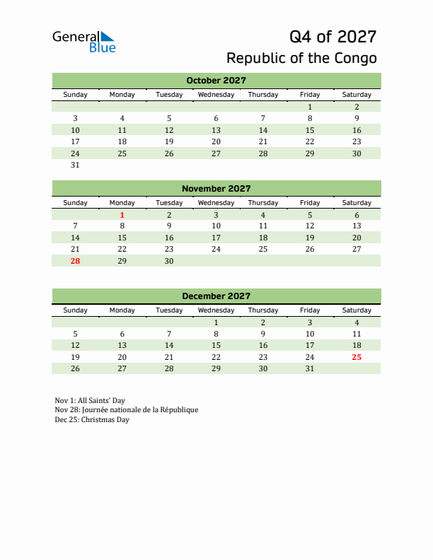 Quarterly Calendar 2027 with Republic of the Congo Holidays
