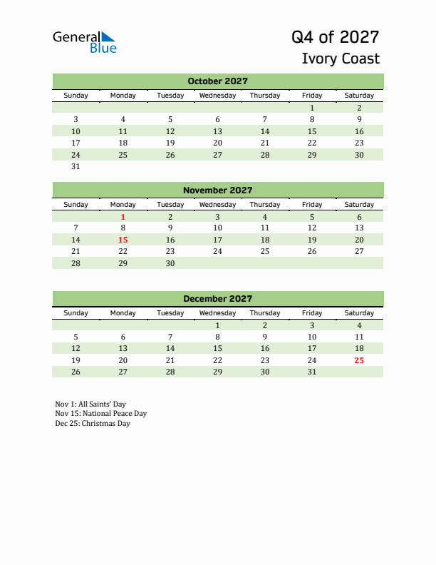 Quarterly Calendar 2027 with Ivory Coast Holidays