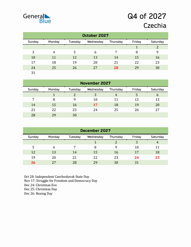 Quarterly Calendar 2027 with Czechia Holidays