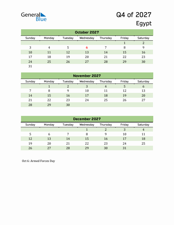 Quarterly Calendar 2027 with Egypt Holidays