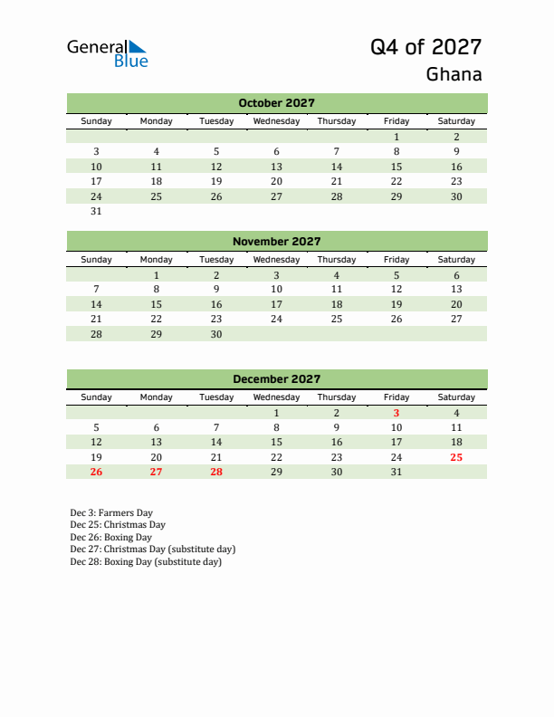 Quarterly Calendar 2027 with Ghana Holidays