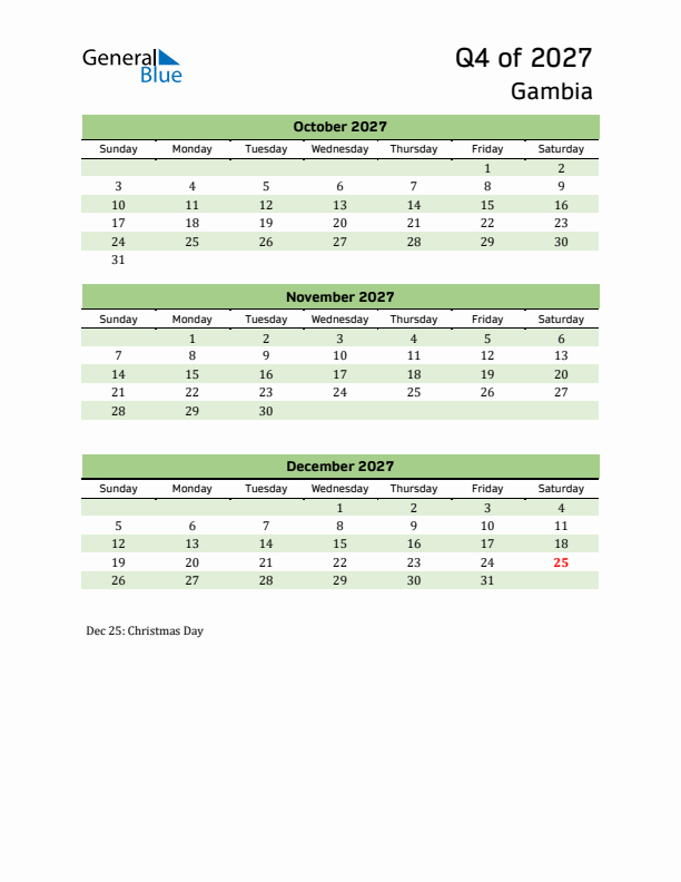 Quarterly Calendar 2027 with Gambia Holidays