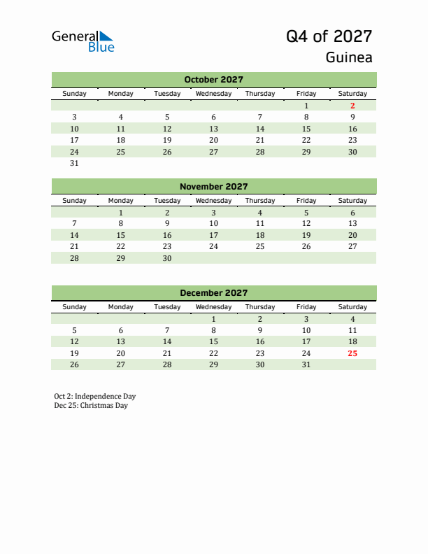 Quarterly Calendar 2027 with Guinea Holidays