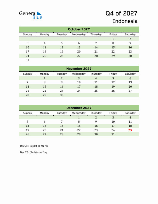 Quarterly Calendar 2027 with Indonesia Holidays