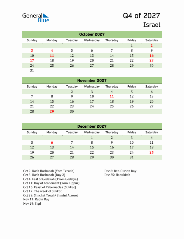 Quarterly Calendar 2027 with Israel Holidays