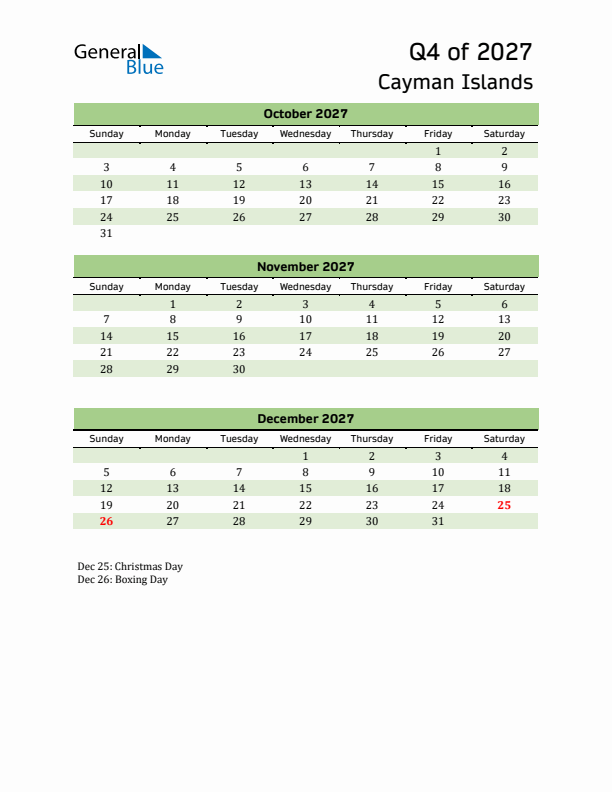 Quarterly Calendar 2027 with Cayman Islands Holidays