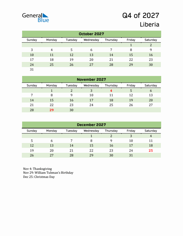 Quarterly Calendar 2027 with Liberia Holidays