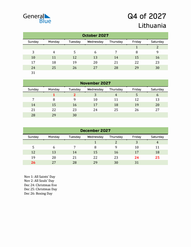 Quarterly Calendar 2027 with Lithuania Holidays