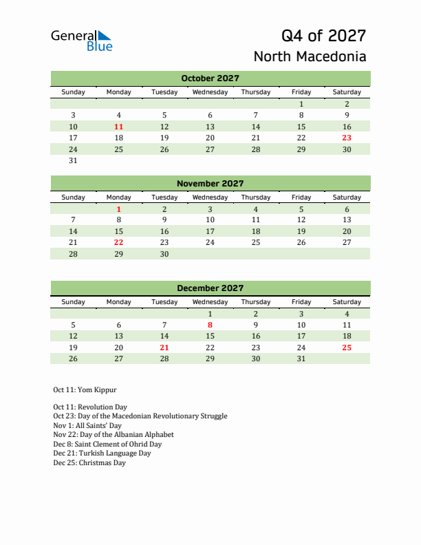 Quarterly Calendar 2027 with North Macedonia Holidays