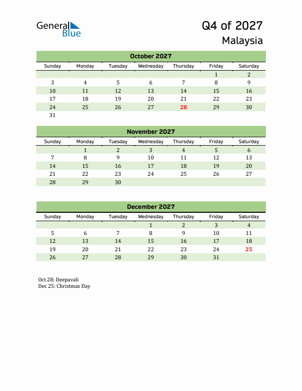 Quarterly Calendar 2027 with Malaysia Holidays