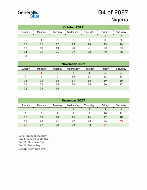 Quarterly Calendar 2027 with Nigeria Holidays