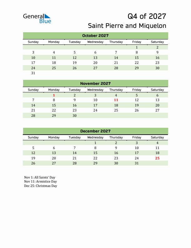 Quarterly Calendar 2027 with Saint Pierre and Miquelon Holidays