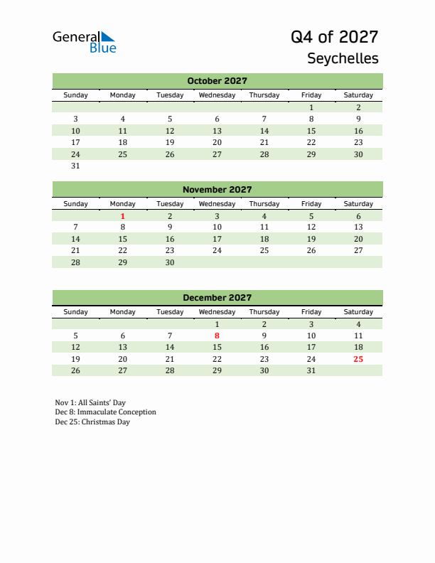 Quarterly Calendar 2027 with Seychelles Holidays