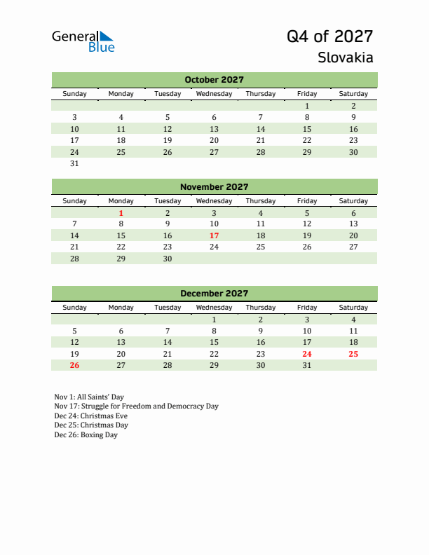 Quarterly Calendar 2027 with Slovakia Holidays