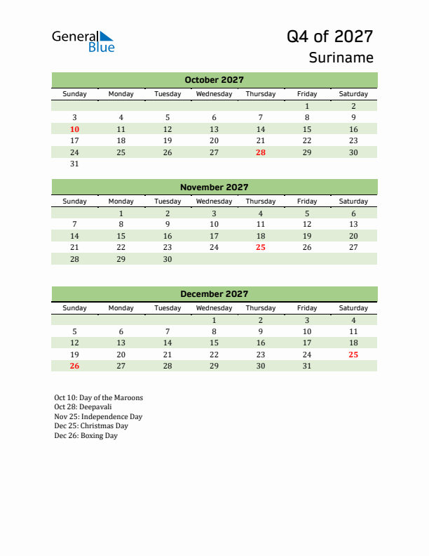 Quarterly Calendar 2027 with Suriname Holidays