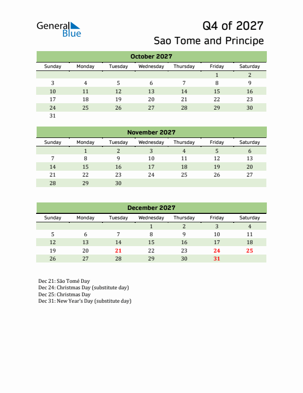 Quarterly Calendar 2027 with Sao Tome and Principe Holidays