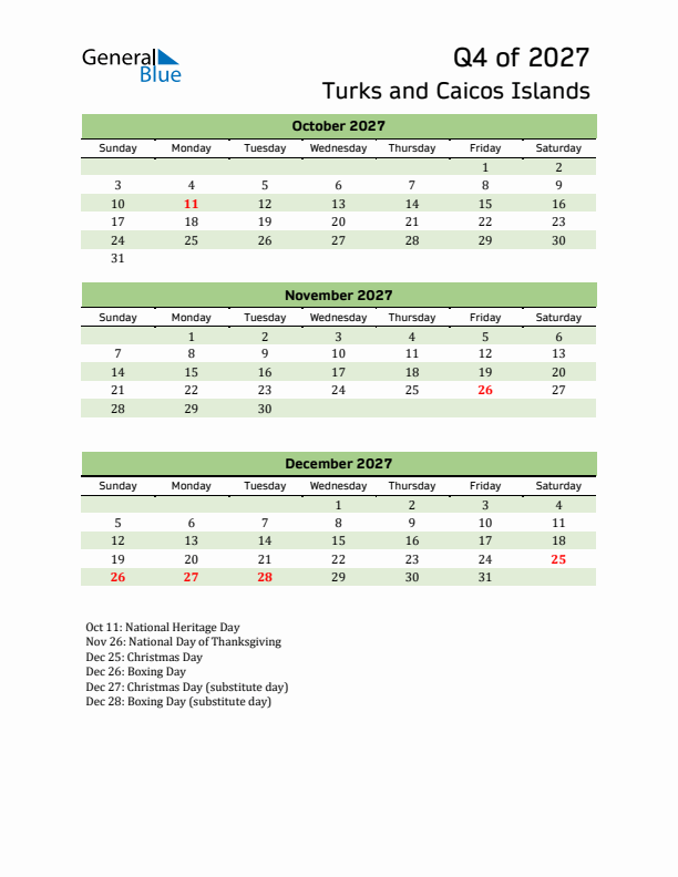 Quarterly Calendar 2027 with Turks and Caicos Islands Holidays