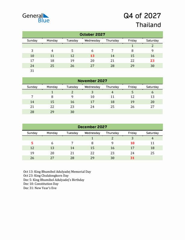 Quarterly Calendar 2027 with Thailand Holidays