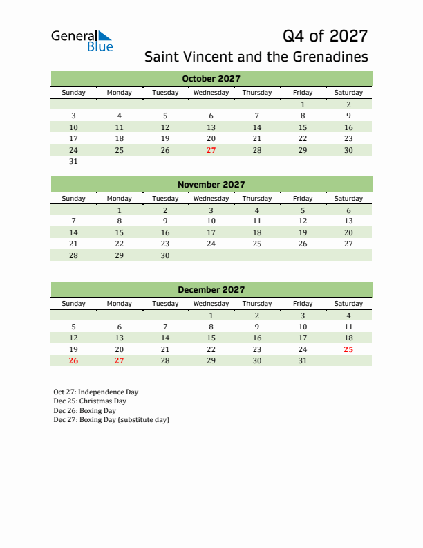 Quarterly Calendar 2027 with Saint Vincent and the Grenadines Holidays