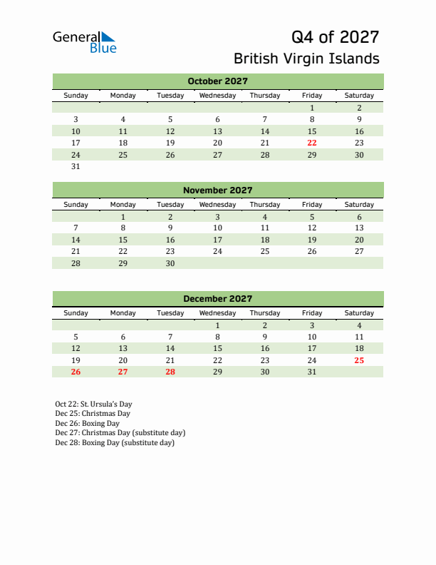 Quarterly Calendar 2027 with British Virgin Islands Holidays