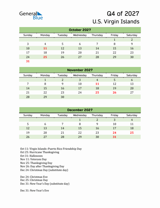 Quarterly Calendar 2027 with U.S. Virgin Islands Holidays